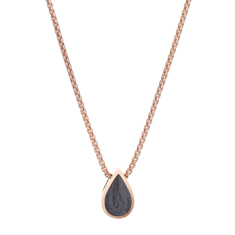 This photo shows the 14K Rose Gold Small Pear Sliding Cremation Pendant designed by close by me jewelry from the front