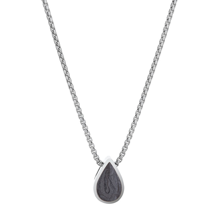 This photo shows the 14K White Gold Small Pear Sliding Cremains Pendant designed by close by me jewelry from the front