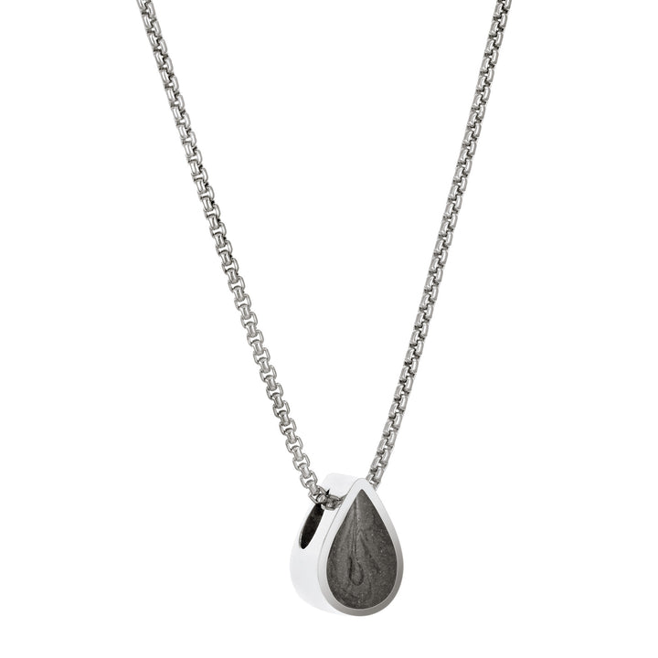 This photo shows the 14K White Gold Small Pear Sliding Cremains Pendant designed by close by me jewelry from the side