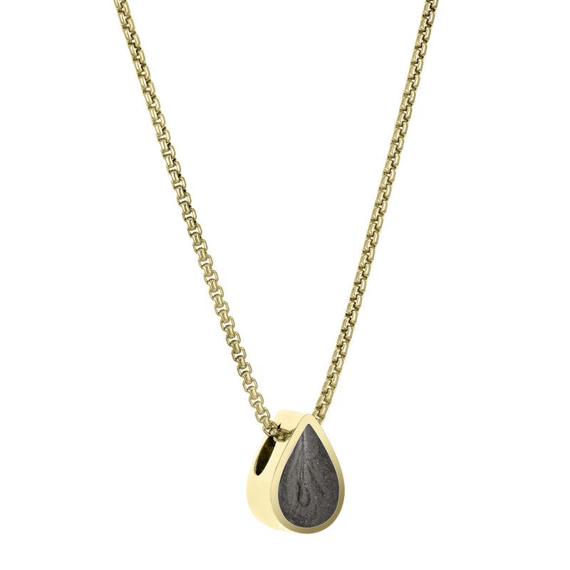 This photo shows the 14K Yellow Gold Small Pear Sliding Cremation Pendant designed by close by me jewelry from the side