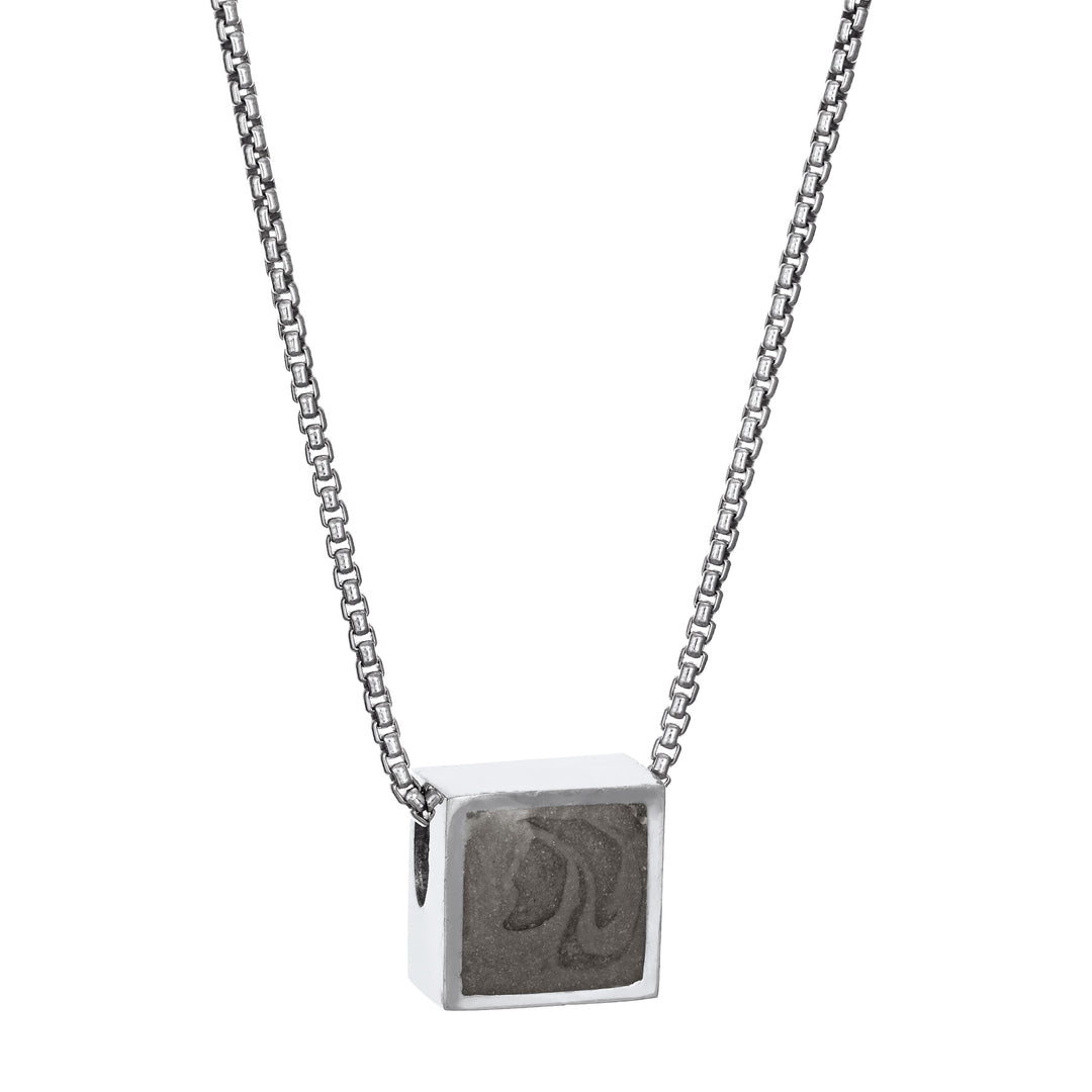 Pictured here is the 14K White Gold Small Square Sliding Cremation Pendant designed by close by me jewelry from the side