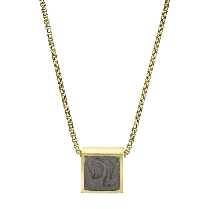 Pictured here is the 14K Yellow Gold Small Square Sliding Cremation Necklace designed by close by me jewelry from the front