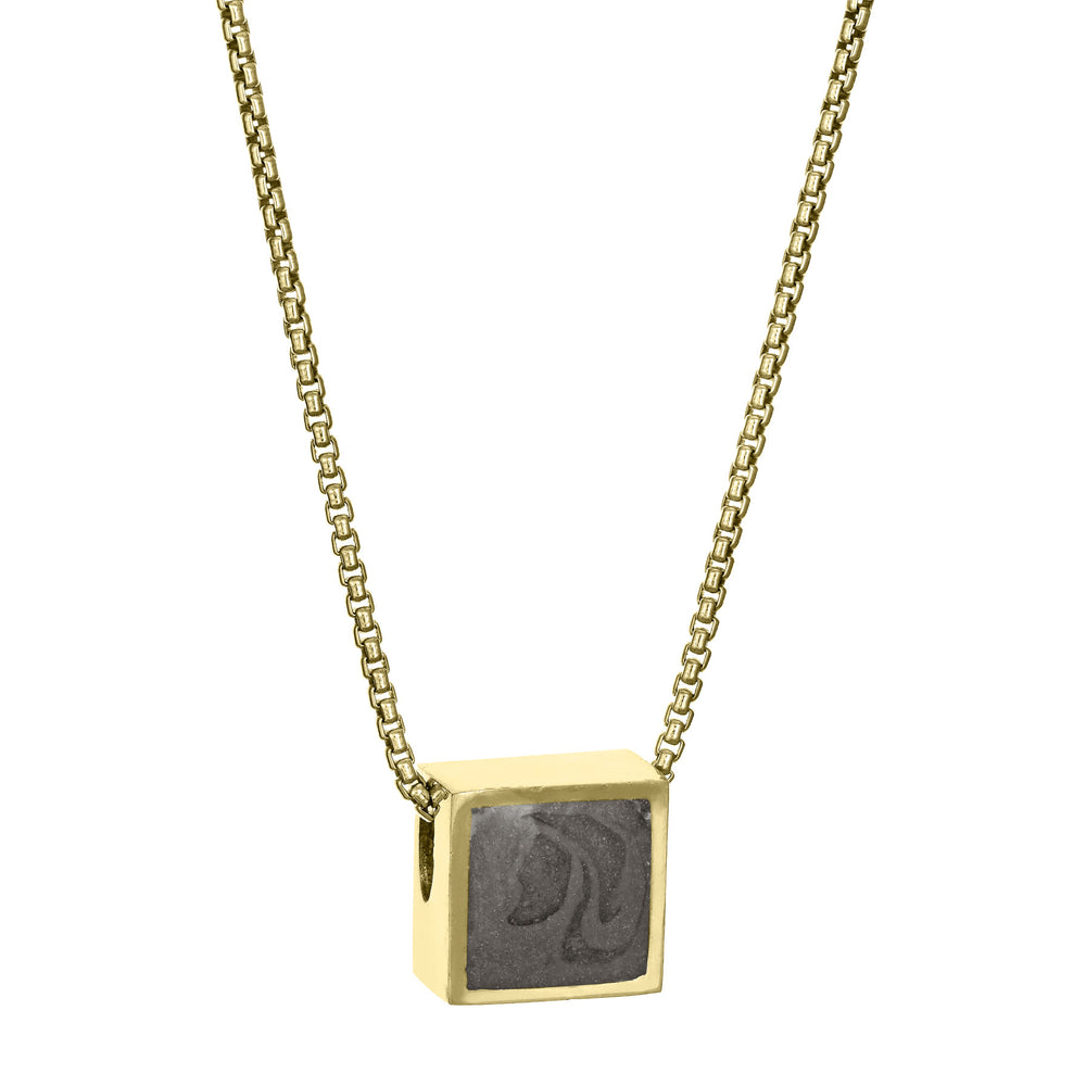 Pictured here is the 14K Yellow Gold Small Square Sliding Cremation Necklace designed by close by me jewelry from the side