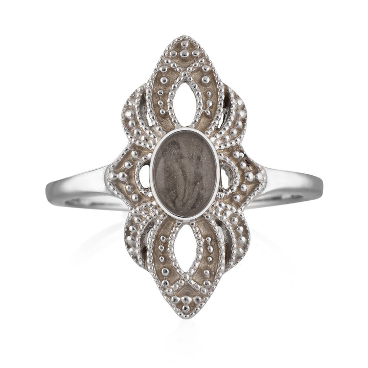 Close-up, front view of Close By Me's sterling silver, vintage-style World War II ring, set against a solid white background. This version of the ring features a smaller ashes setting.