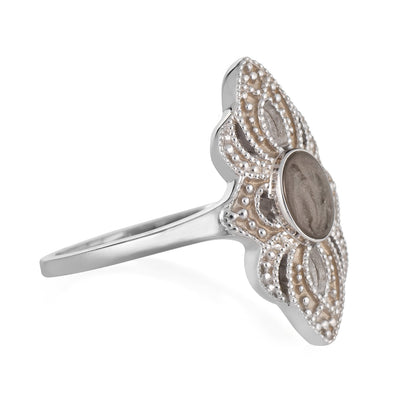 Close-up, side view of Close By Me's sterling silver, vintage-style World War II ring, set against a solid white background. This version of the ring features a smaller ashes setting.