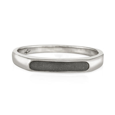 Close-up, front view of Close By Me's Smooth Band Cremation Ring in Sterling Silver against a solid white background.