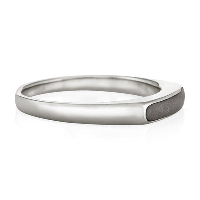 Close-up, side view of Close By Me's Smooth Band Cremation Ring in Sterling Silver against a solid white background.