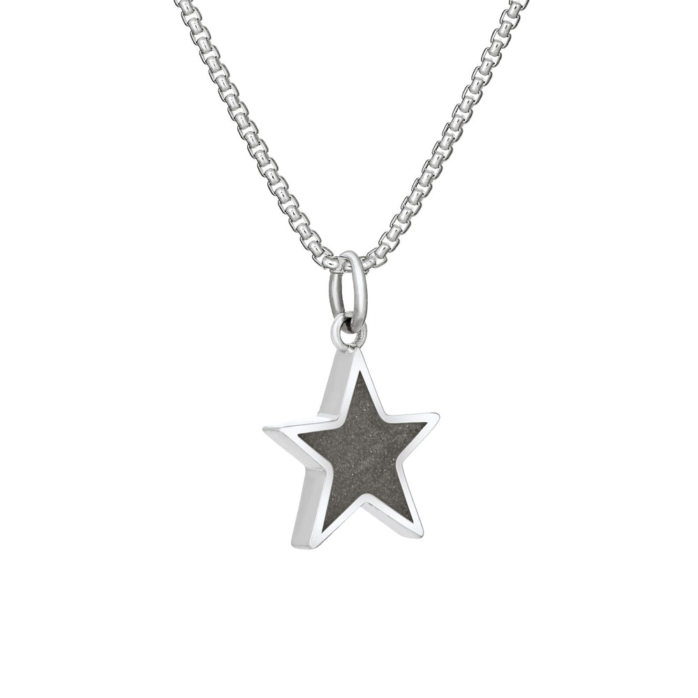 Side of Star Cremation Pendant in Sterling Silver on a chain against a white background.