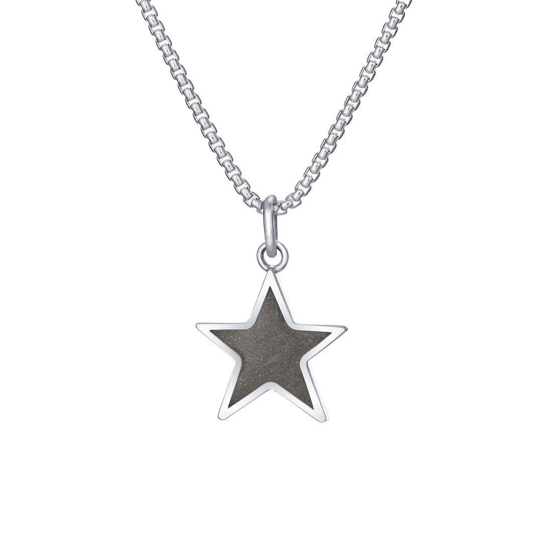 Front of Star Cremation Pendant in 14K White Gold on a chain against a white background.
