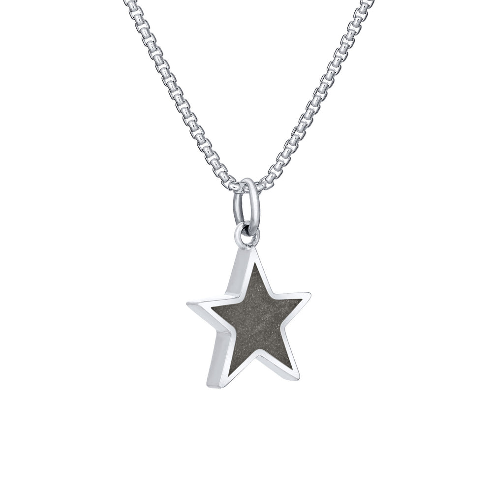 Side of Star Cremation Pendant in 14K White Gold on a chain against a white background.