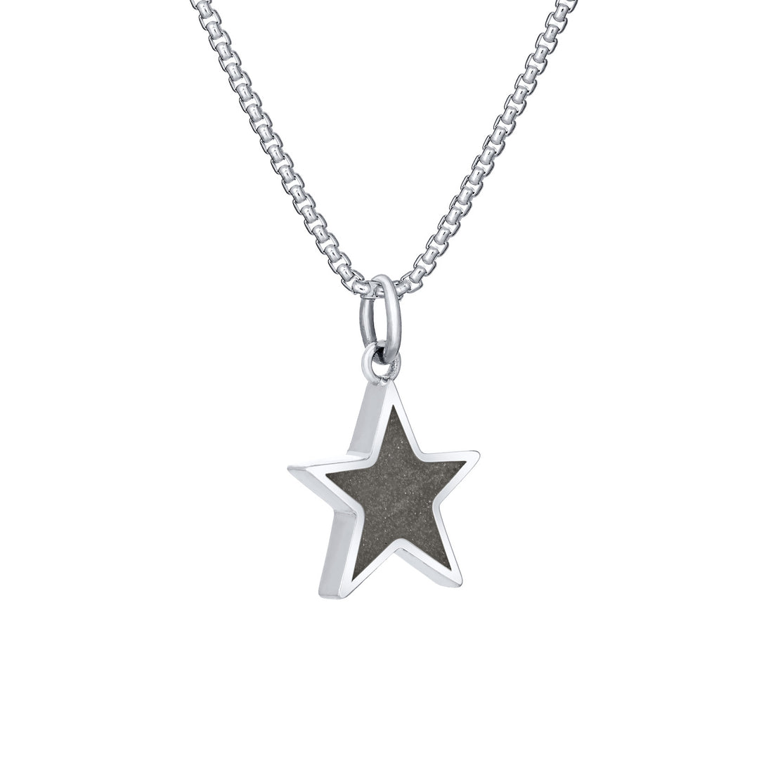Side of Star Cremation Pendant in 14K White Gold on a chain against a white background.
