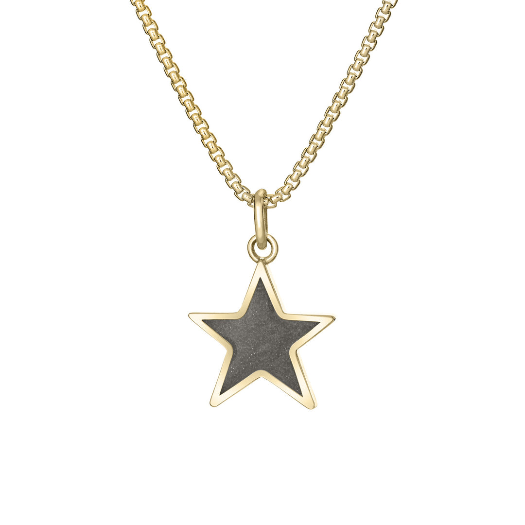 Front of Star Cremation Pendant in 14K Yellow Gold on a chain against a white background.