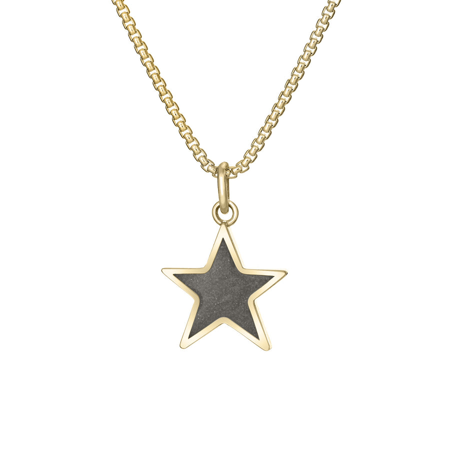 Front of Star Cremation Pendant in 14K Yellow Gold on a chain against a white background.