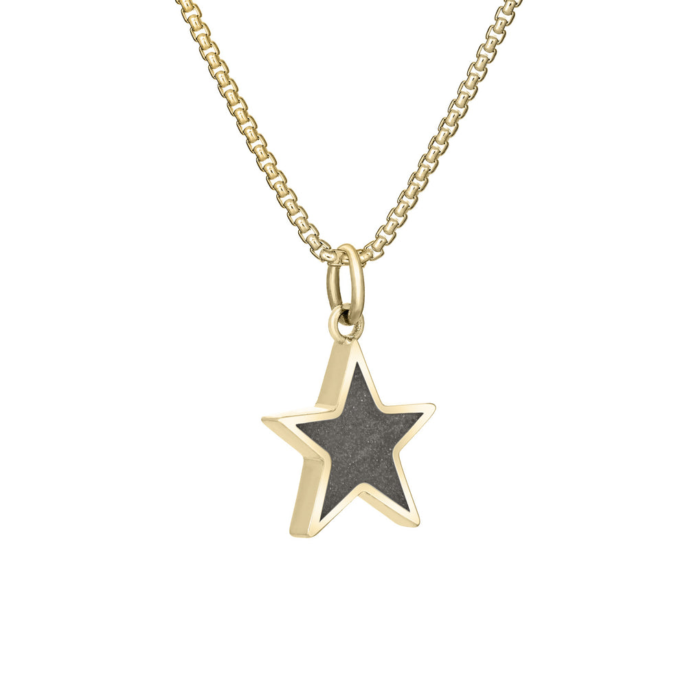 Side of Star Cremation Pendant in 14K Yellow Gold on a chain against a white background.