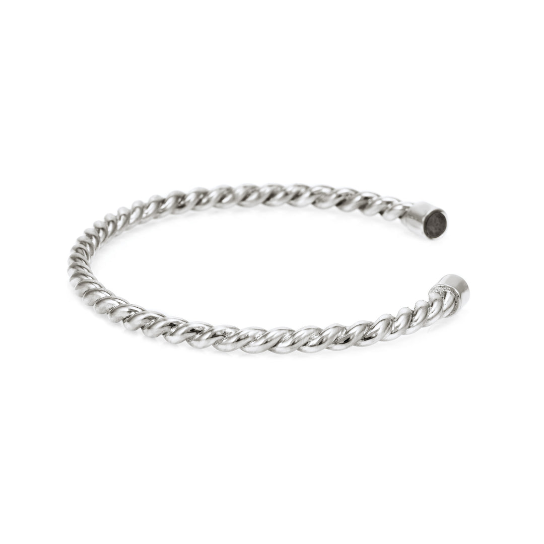 Cable Cuff Cremation Bracelet in Sterling Silver shown from the side, featuring two caps filled with cremated ashes.