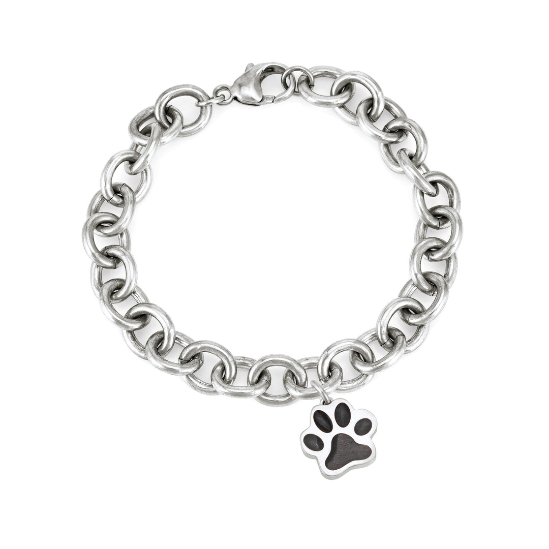 Sterling Silver Cremation Cable Chain Bracelet with cremation paw print charm size large