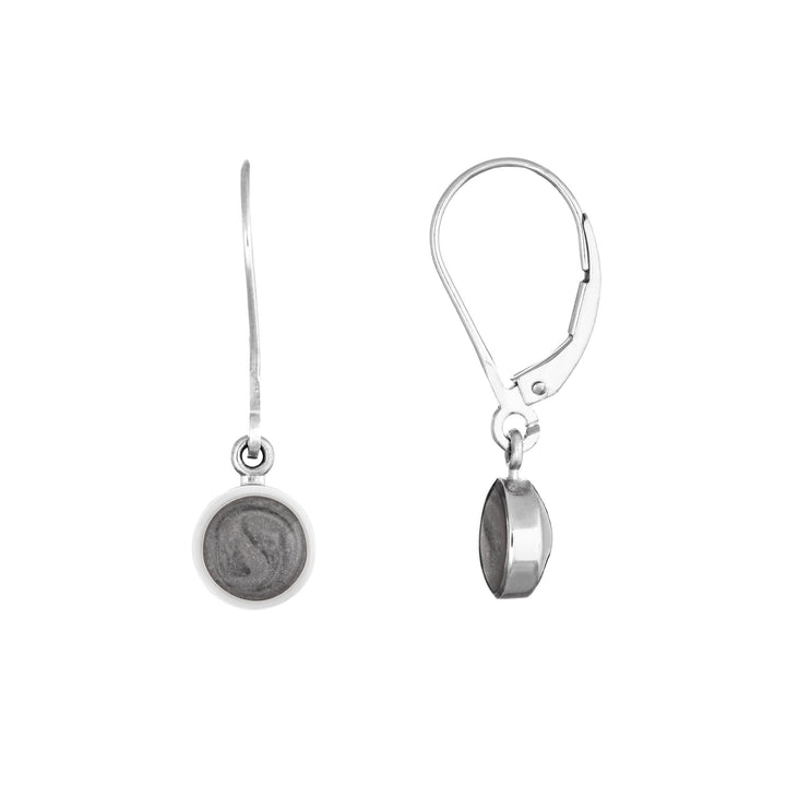 Sterling silver lever back dome pendants featuring solidified ashes shown from the front