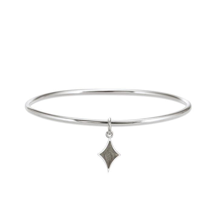 Sterling silver single bangle cremation bracelet with diamond ashes charm shown from the front