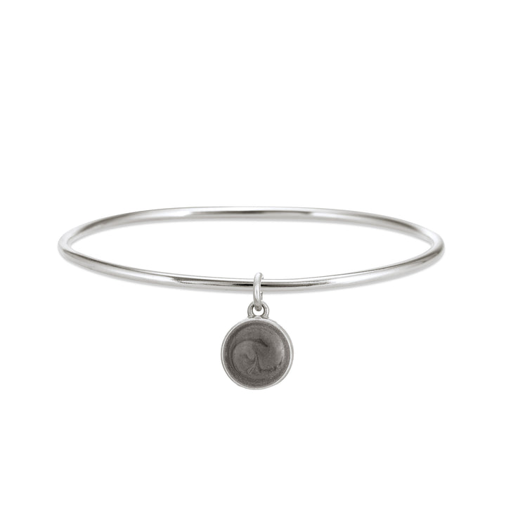 Sterling silver single bangle cremation bracelet with dome ashes charm shown from the front