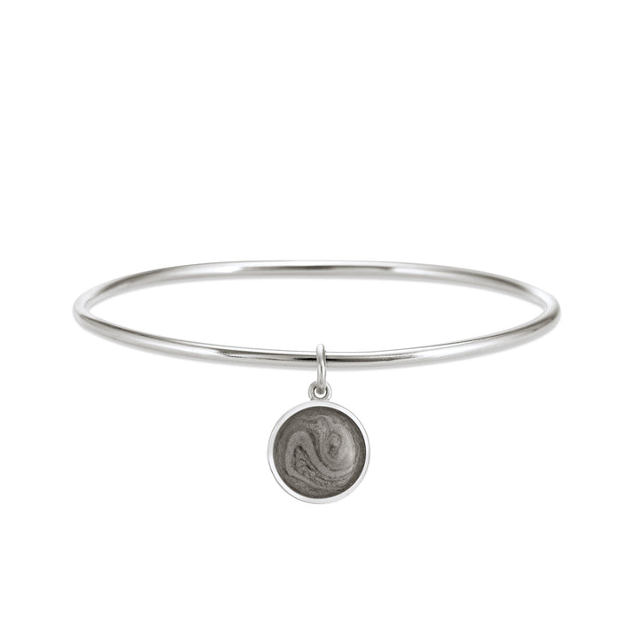 Sterling silver single bangle cremation bracelet with dome ashes charm shown from the front