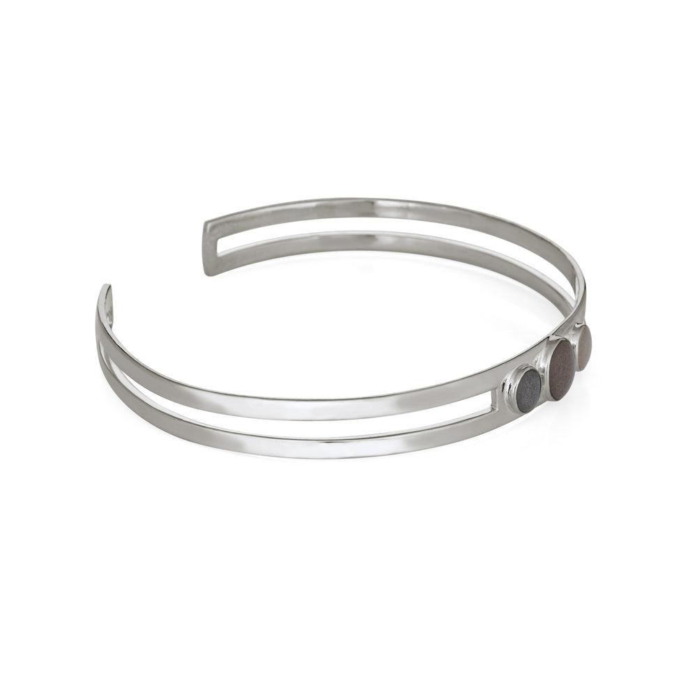 sterling silver three setting cremation cuff bracelet shown from the side
