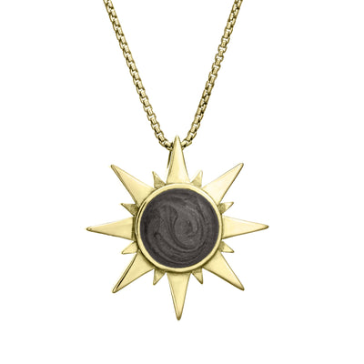 The Sun Cremation Pendant in 14K Yellow Gold by close by me from the front