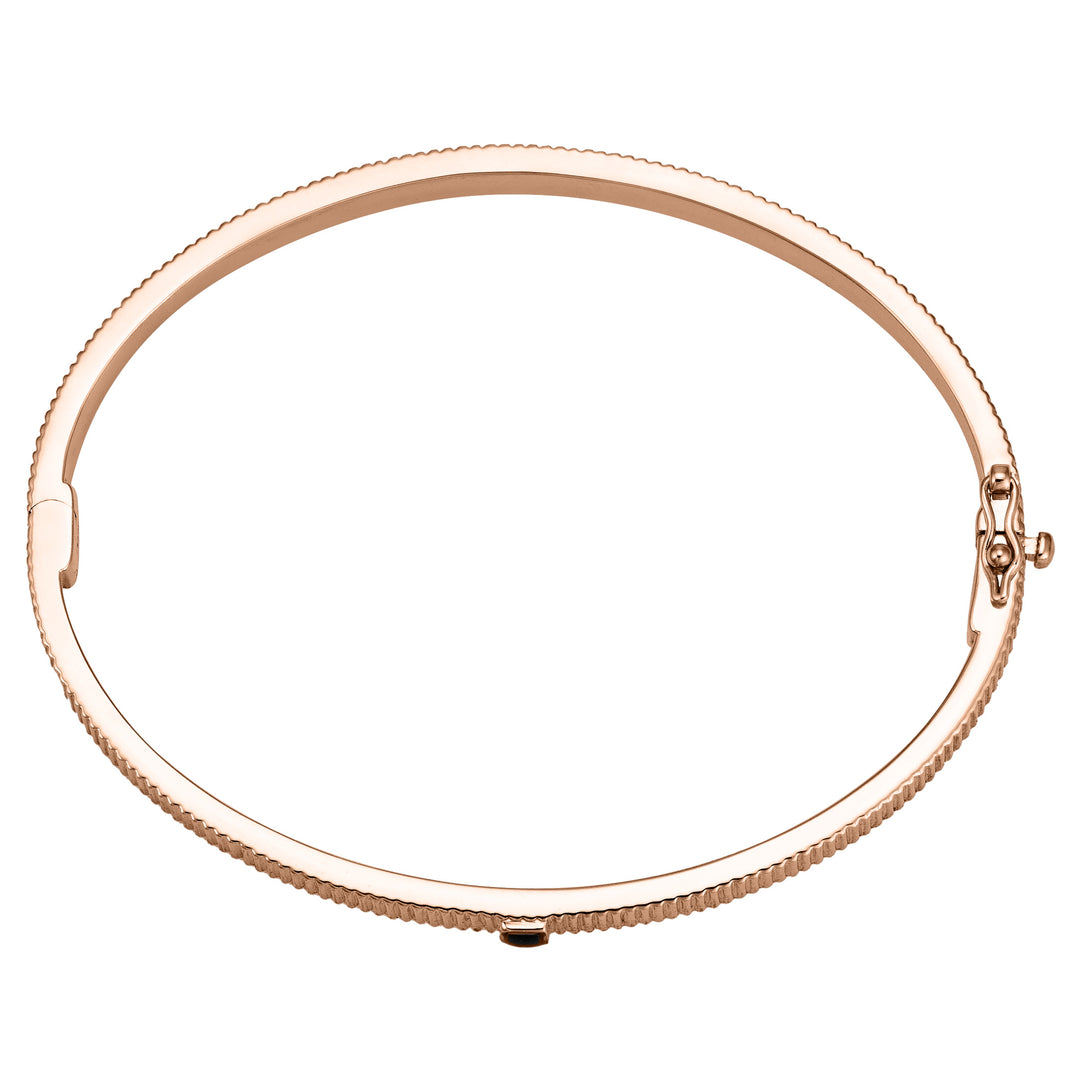 Overhead view of Close By Me's Tessa Bangle Cremation Bracelet in 14K Rose Gold laying flat and in a closed position against a solid white backdrop.