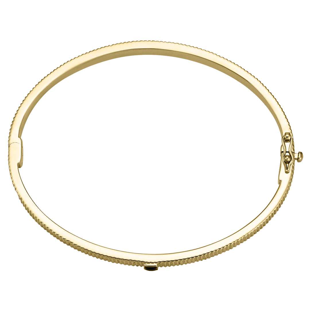 Overhead view of Close By Me's Tessa Bangle Cremation Bracelet in 14K Yellow Gold laying flat and in a closed position against a solid white backdrop.