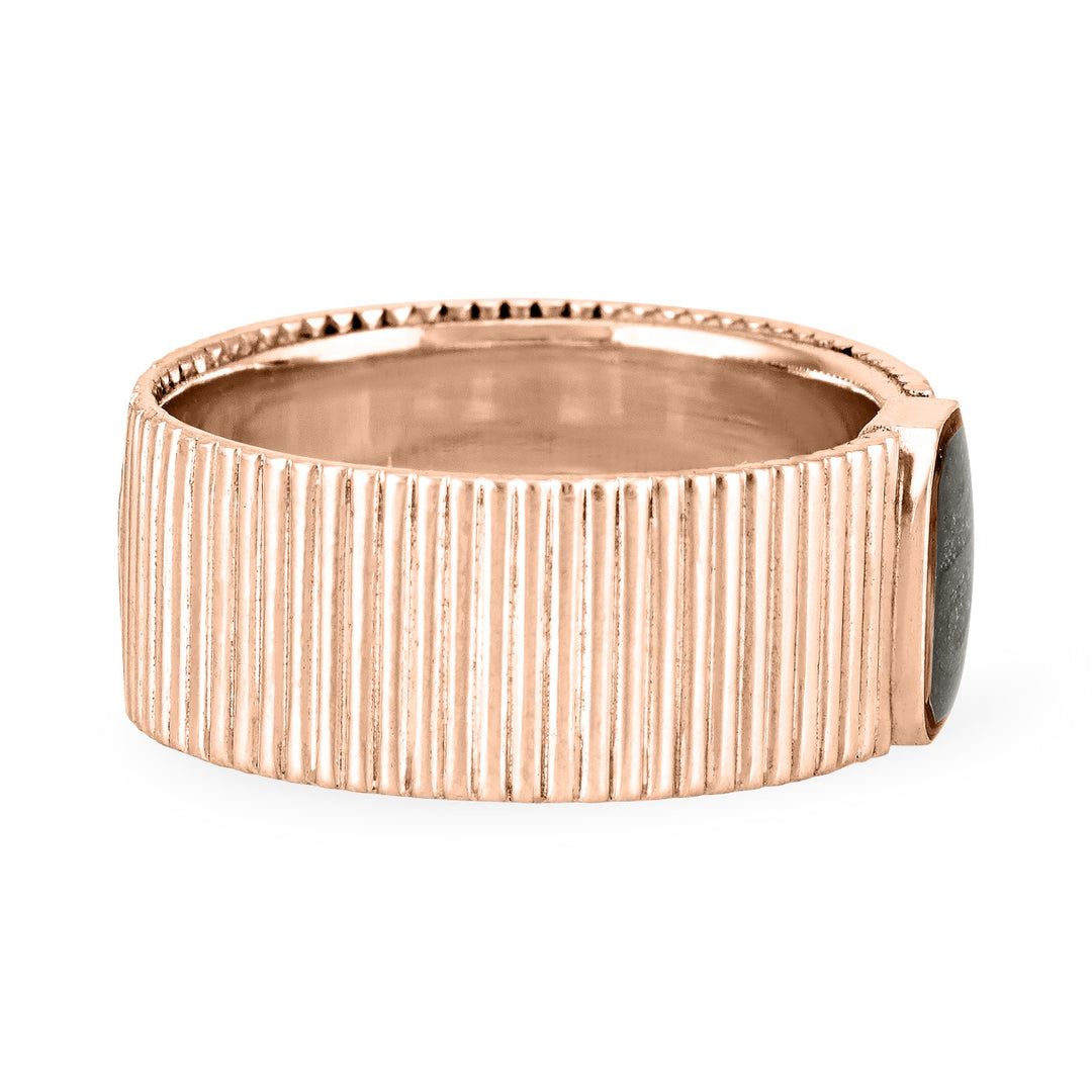 Close-up, side view of Close By Me's Tessa Cremation Ring in 14K Rose Gold, set against a solid white background.