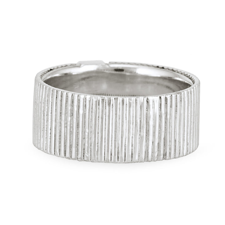 Close-up, back view of Close By Me's Tessa Cremation Ring in Sterling Silver, set against a solid white background.