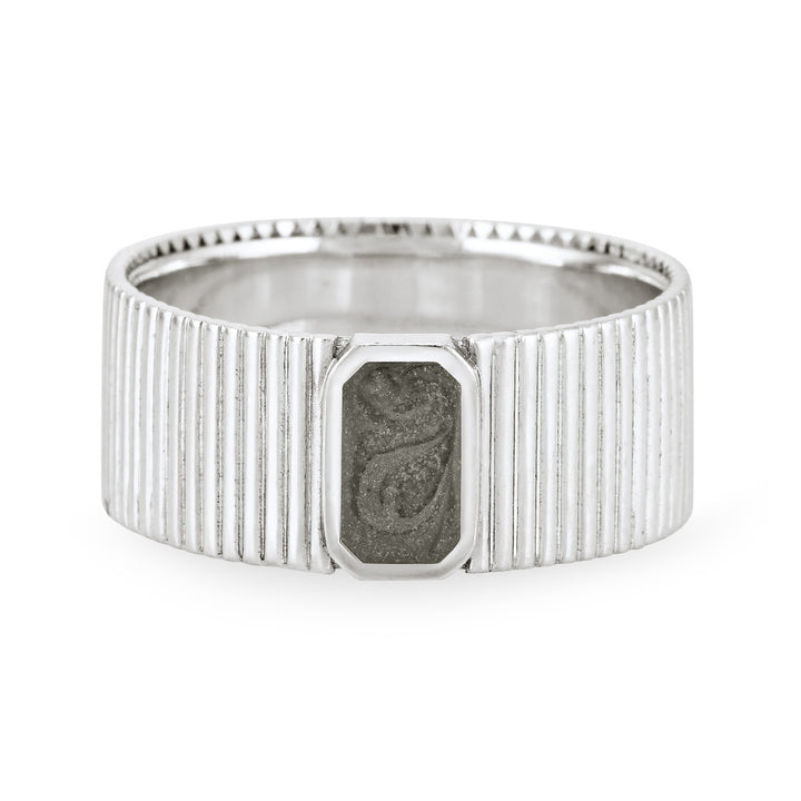 Close-up, front view of Close By Me's Tessa Cremation Ring in Sterling Silver, set against a solid white background.
