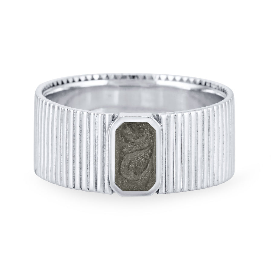 Close-up, front view of Close By Me's Tessa Cremation Ring in 14K White Gold, set against a solid white background.