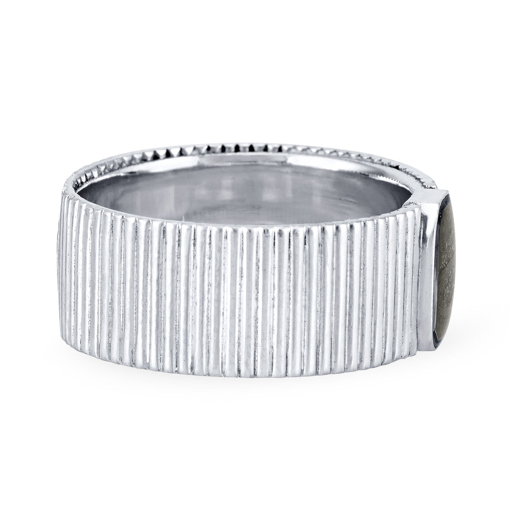 Close-up, side view of Close By Me's Tessa Cremation Ring in 14K White Gold, set against a solid white background.