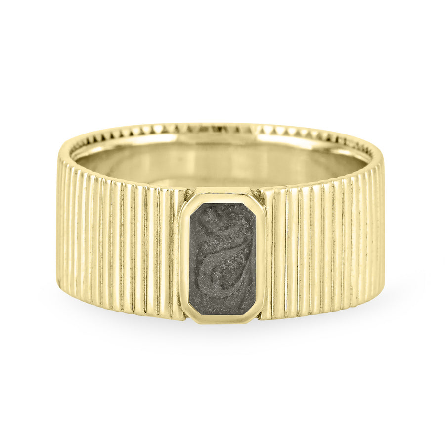Close-up, front view of Close By Me's Tessa Cremation Ring in 14K Yellow Gold, set against a solid white background.