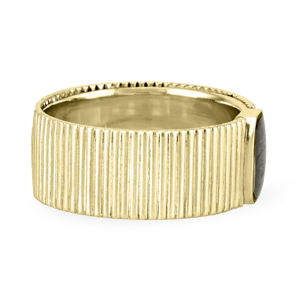 Close-up, side view of Close By Me's Tessa Cremation Ring in 14K Yellow Gold, set against a solid white background.