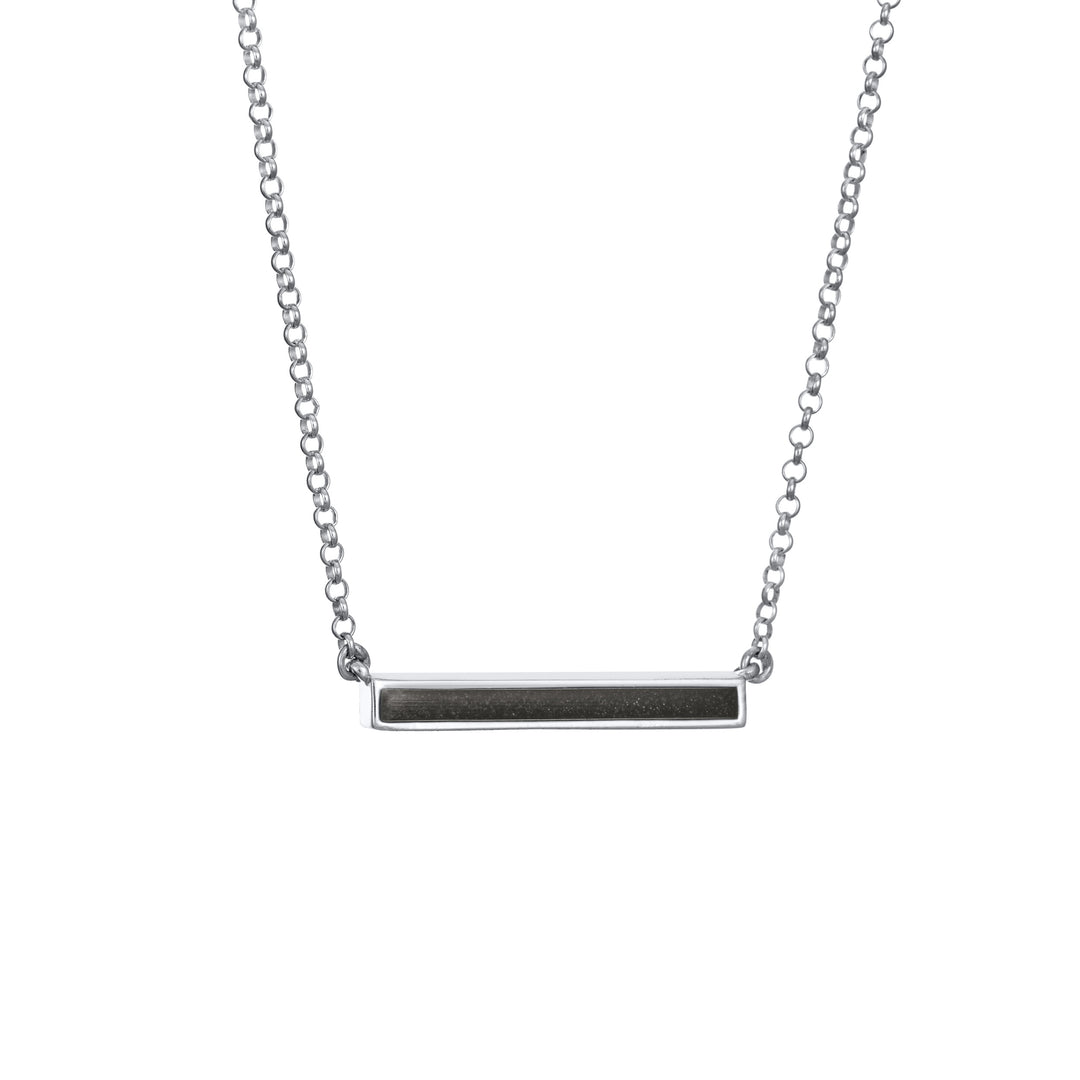 close by me jewelry's thin lateral bar ashes memorial necklace in 14k white gold at a slight angle