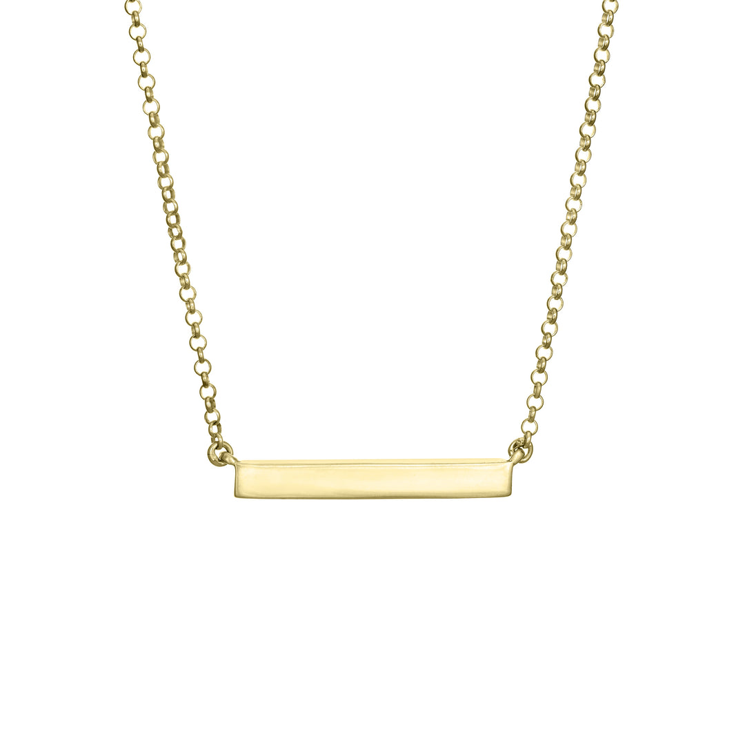 A back view of the thin lateral bar necklace in 14k yellow gold with ashes by close by me