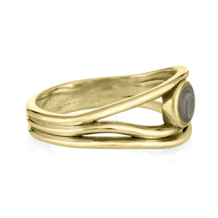 the side of the 14k yellow gold cremation ring designed by close by me jewelry with three memorial bands