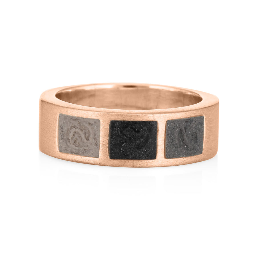This photo shows the Three Setting Classic Men's Band Ashes Ring, designed by close by me jewelry in 14K Rose Gold, from the front