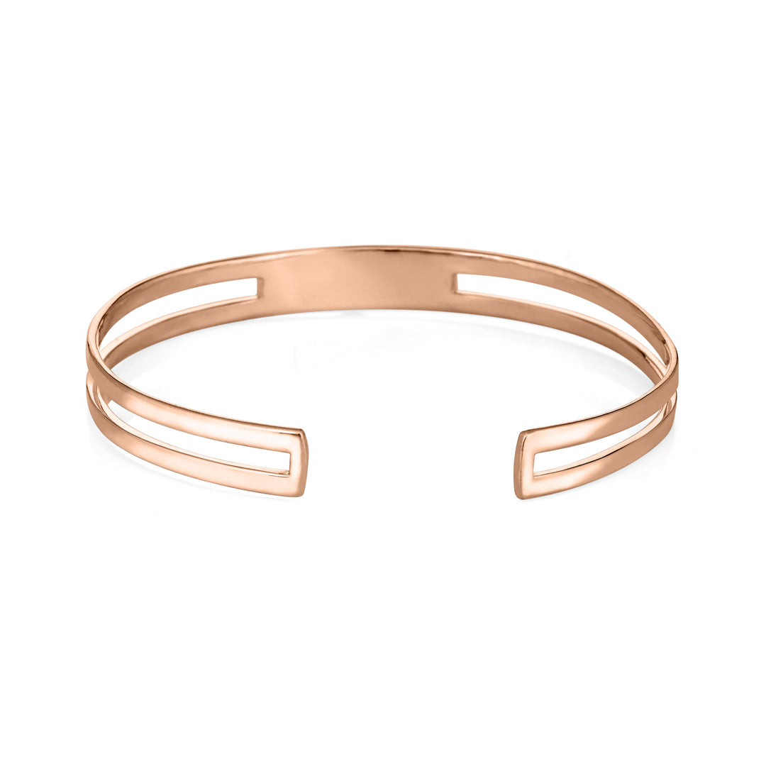Three setting cremation cuff bracelet in 14k rose gold shown from the back