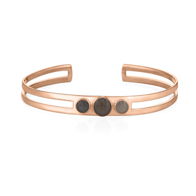 Three setting cremation cuff bracelet in 14k rose gold shown from the front