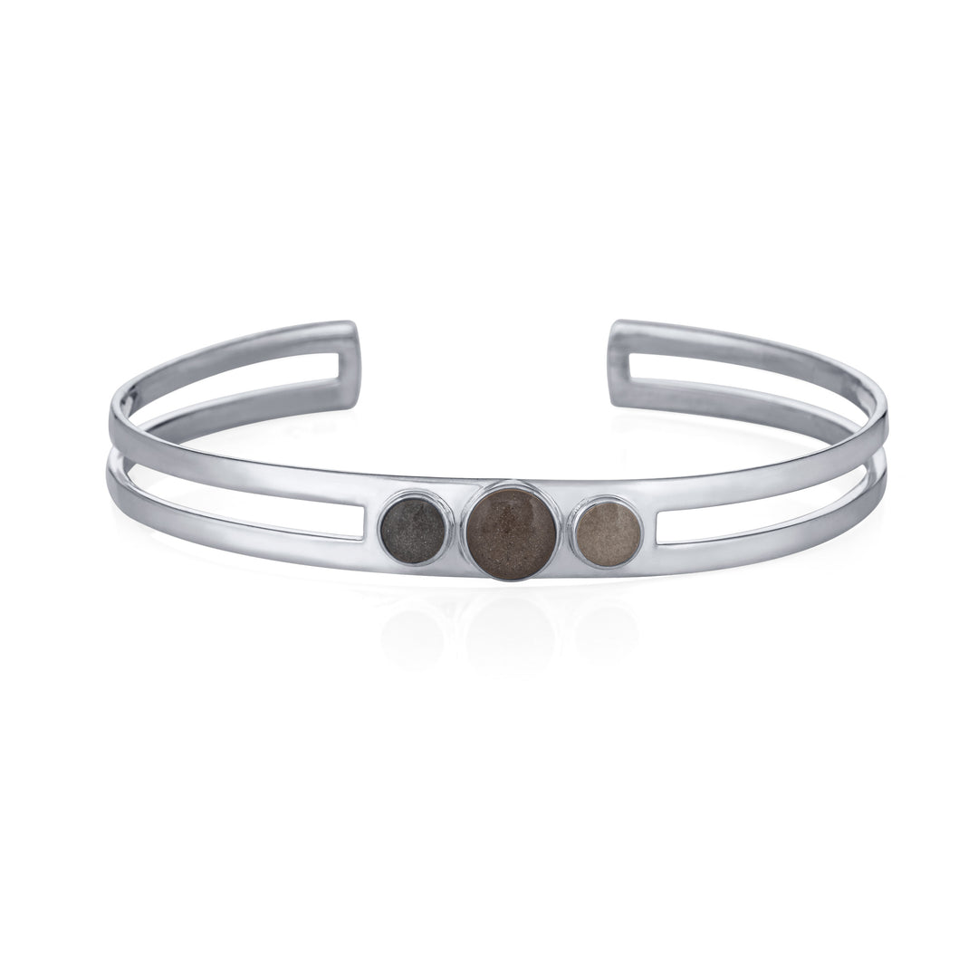 Three setting cremation cuff bracelet in 14k white gold shown from the front