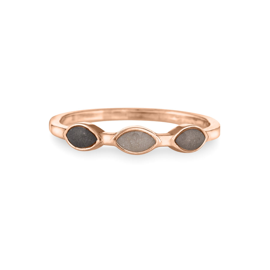 close by me's 14k rose gold cremation ring with three marquise-shaped ash settings