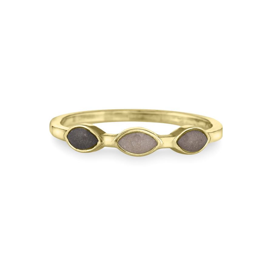 close by me's 14k yellow gold cremation ring with three marquise-shaped ash settings