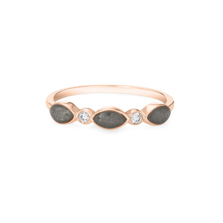 Front of Three Marquise Cremation Setting Ring in 14K Rose Gold with Two Diamonds against a white background.
