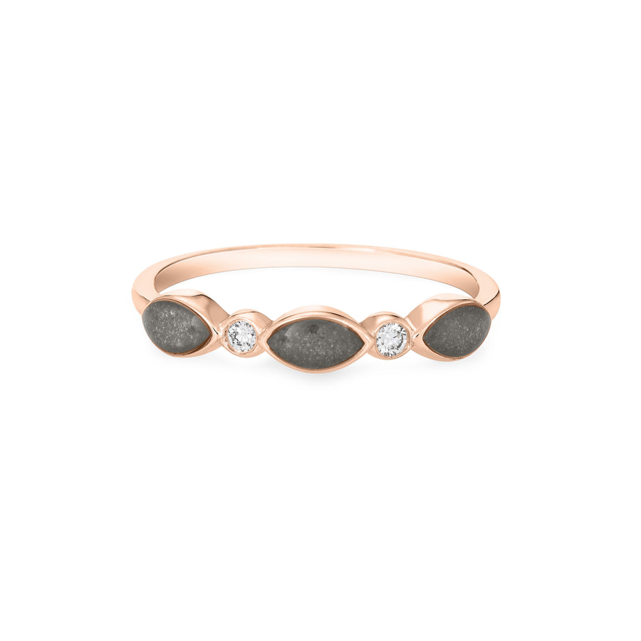 Front of Three Marquise Cremation Setting Ring in 14K Rose Gold with Two Diamonds against a white background.