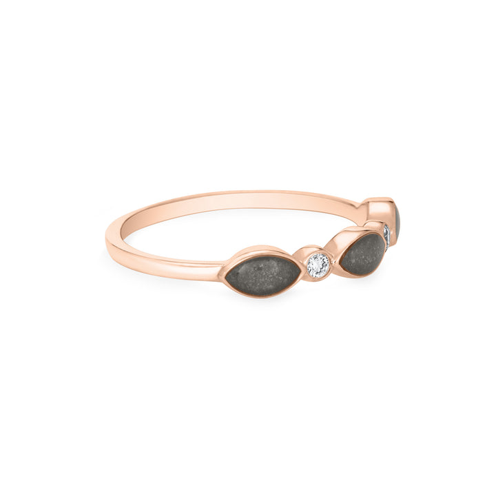 Side of Three Marquise Cremation Setting Ring in 14K Rose Gold with Two Diamonds against a white background.