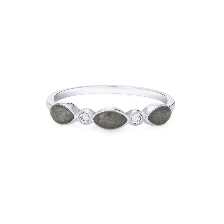 Front of Three Marquise Cremation Setting Ring in 14K White Gold with Two Diamonds against a white background.