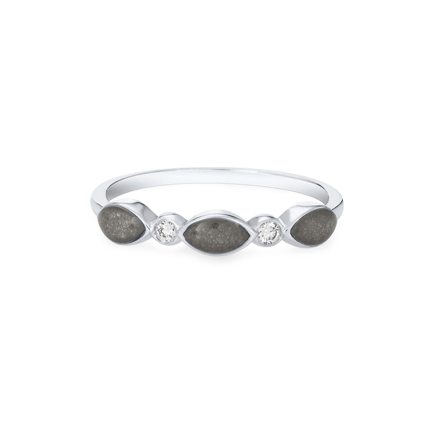 Front of Three Marquise Cremation Setting Ring in 14K White Gold with Two Diamonds against a white background.