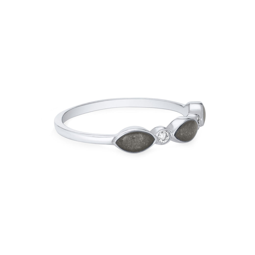 Side of Three Marquise Cremation Setting Ring in 14K White Gold with Two Diamonds against a white background.